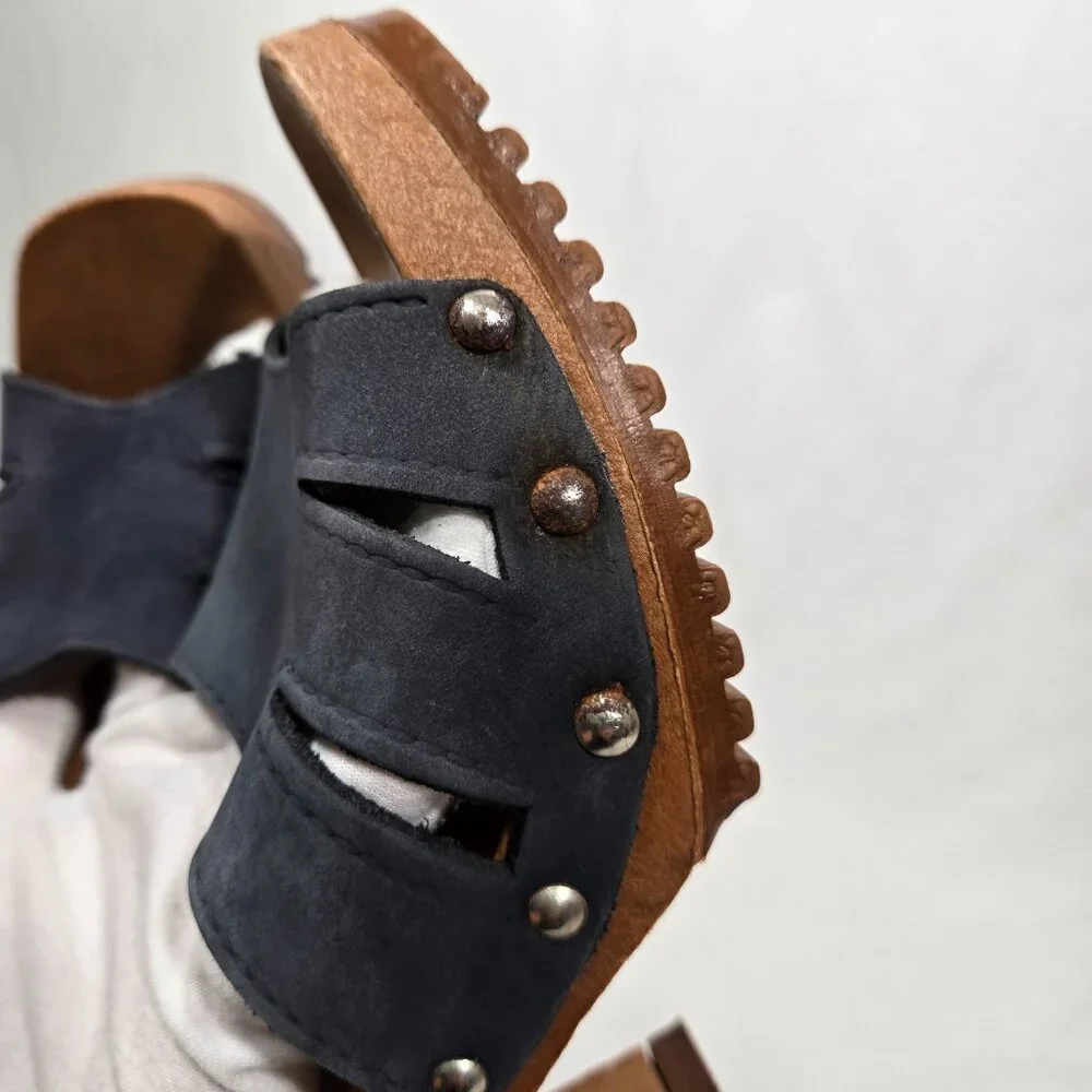 Vintage THE LEATHER COLLECTION Blue Leather Chunky Heels Platform Sandals Size 8 - Picture 10 of 17
